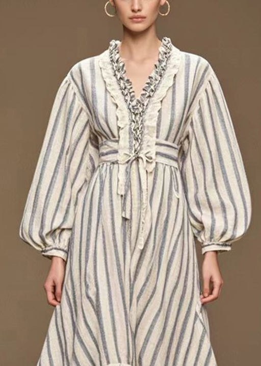 Italian White Cinched Striped Silk Velvet Long Dress Fall