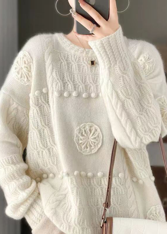 Italian White Embroidered Hook Flower Wool Sweaters Spring