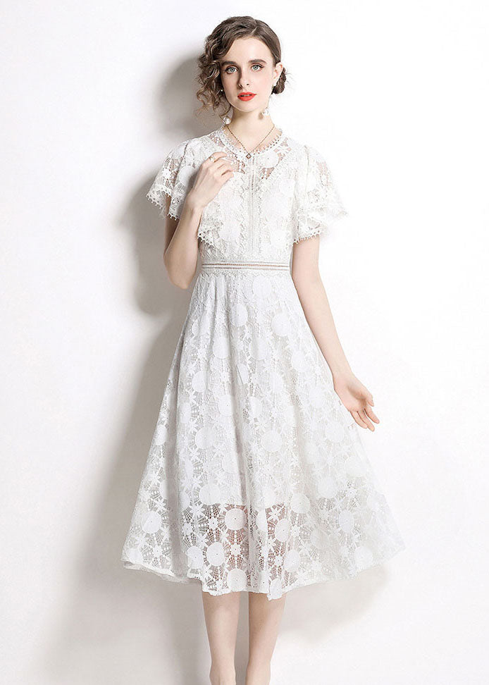 Italian White Hollow Out Embroideried Lace Dress Butterfly Sleeve