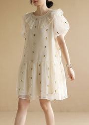 Italian White O-Neck Embroideried Tulle Vacation Dresses Short Sleeve