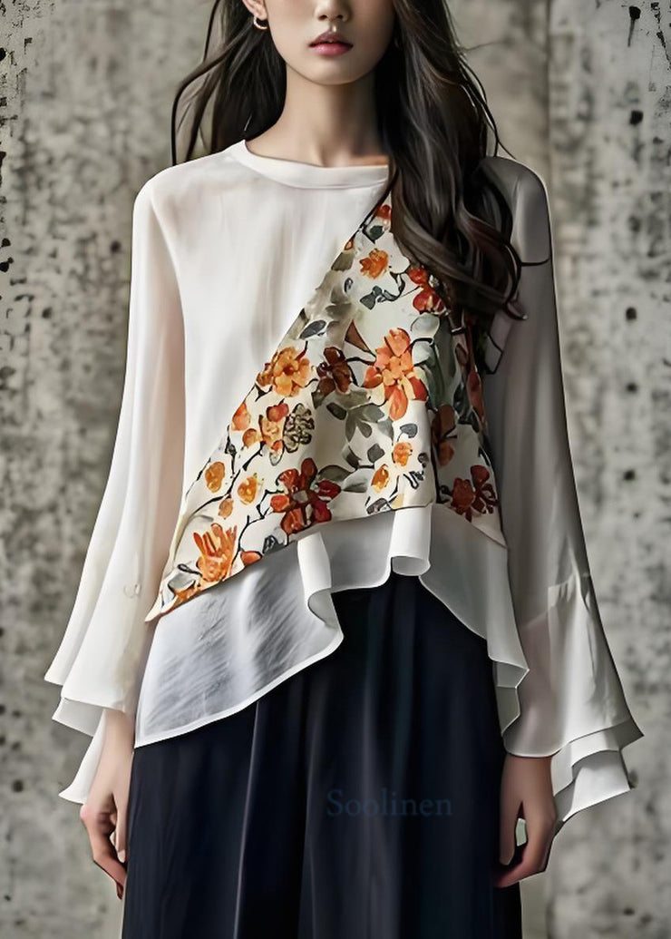 Italian White O Neck Print Cotton Blouses Flare Sleeve