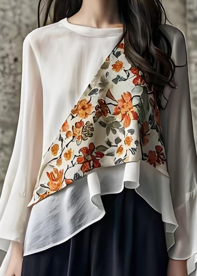 Italian White O Neck Print Cotton Blouses Flare Sleeve