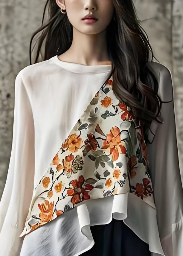 Italian White O Neck Print Cotton Blouses Flare Sleeve