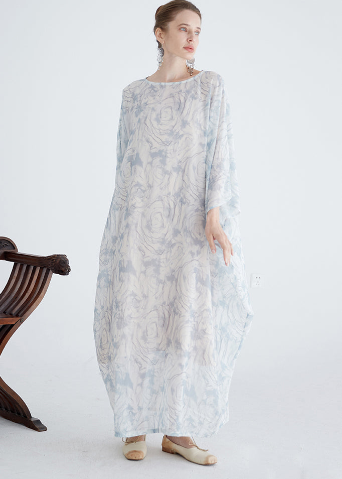 Italian White O Neck Print Cotton Robe Dresses Batwing Sleeve