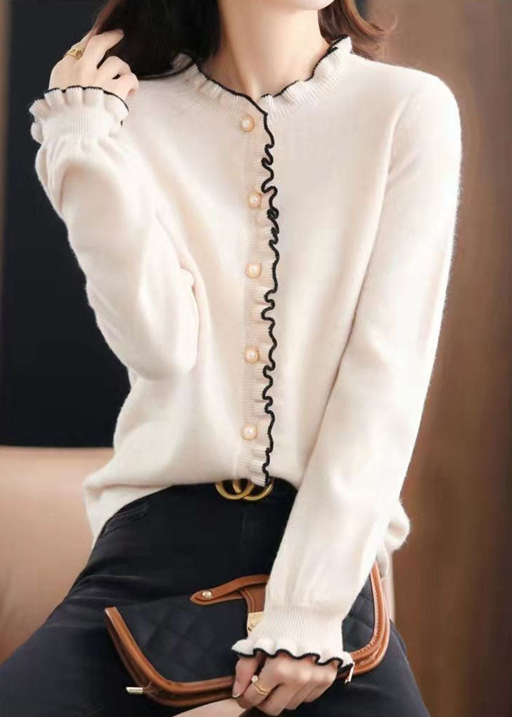 Italian White O-Neck Ruffled Pearl Button Knit Cardigan Winter