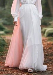 Italian White Peter Pan Collar Tunic Chiffon Long Dress Lantern Sleeve