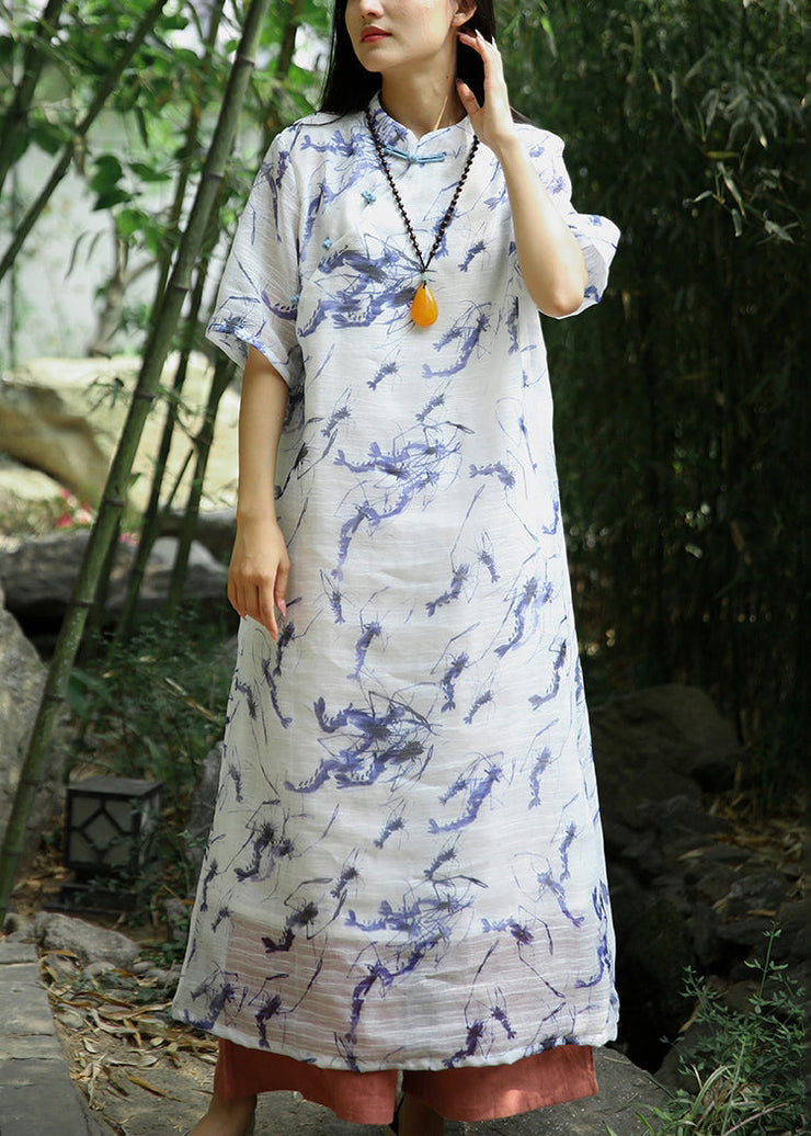 Italian White Print Button Patchwork Long Dress Summer