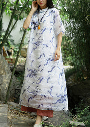 Italian White Print Button Patchwork Long Dress Summer