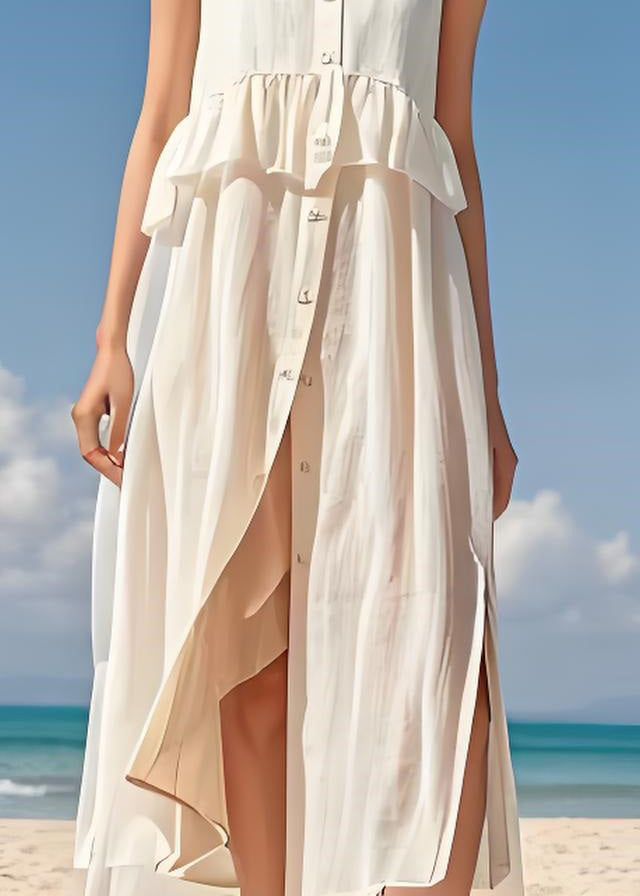Italian White Ruffled Button Patchwork Cotton Dress Sleeveless