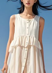 Italian White Ruffled Button Patchwork Cotton Dress Sleeveless