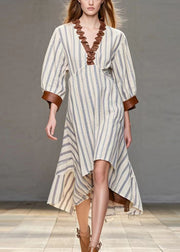 Italian White Ruffled Striped Silk Velvet Dress Spring