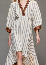 Italian White Ruffled Striped Silk Velvet Dress Spring