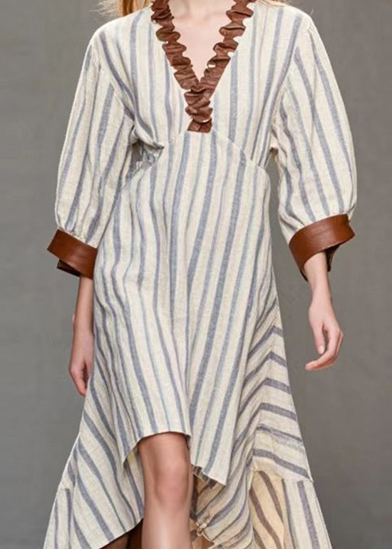 Italian White Ruffled Striped Silk Velvet Dress Spring