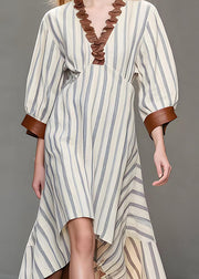 Italian White Ruffled Striped Silk Cotton blend Dress Spring