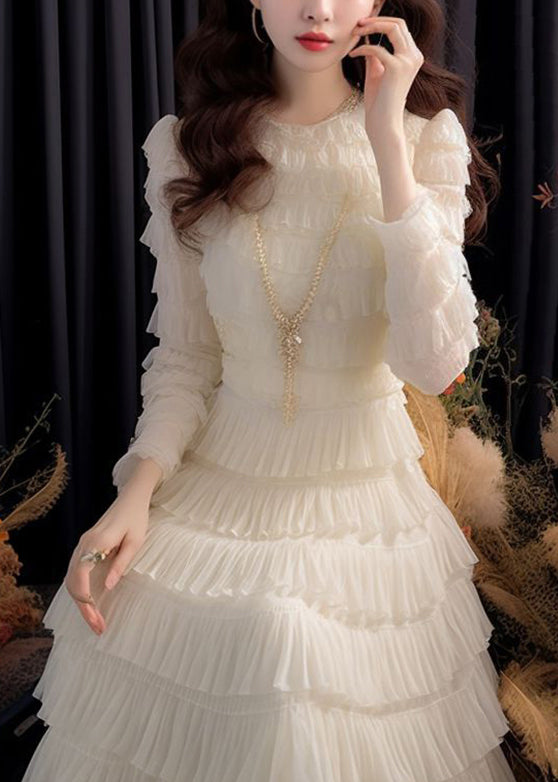 Italian White Solid High Waist Chiffon Dresses Long Sleeve