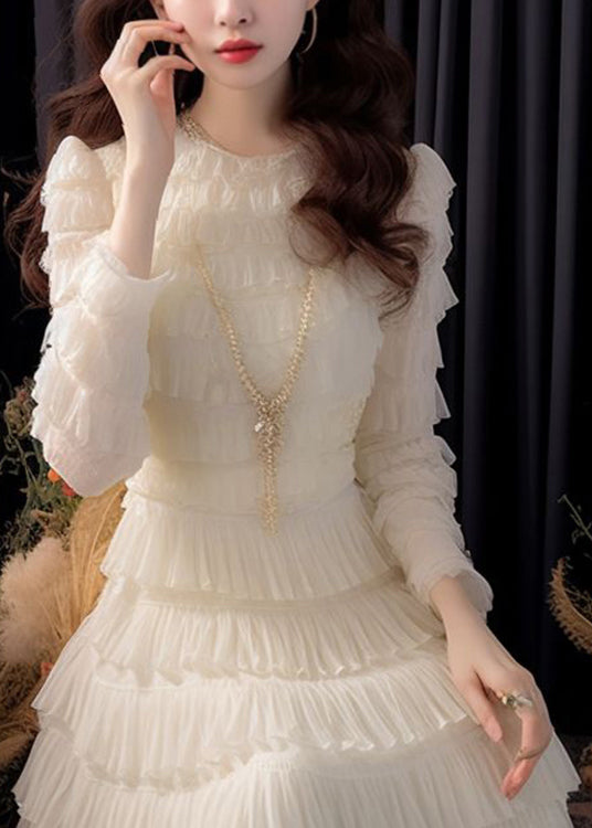 Italian White Solid High Waist Chiffon Dresses Long Sleeve