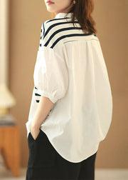 Italian White Stand Collar Asymmetrical Design Patchwork Striped Cotton Shirts Half Sleeve