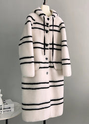 Italian White Striped Button Woolen Long Hooded Coat Winter