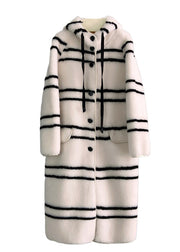 Italian White Striped Button Woolen Long Hooded Coat Winter