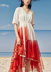 Italian White V Neck Print Patchwork Chiffon Maxi Dress Summer