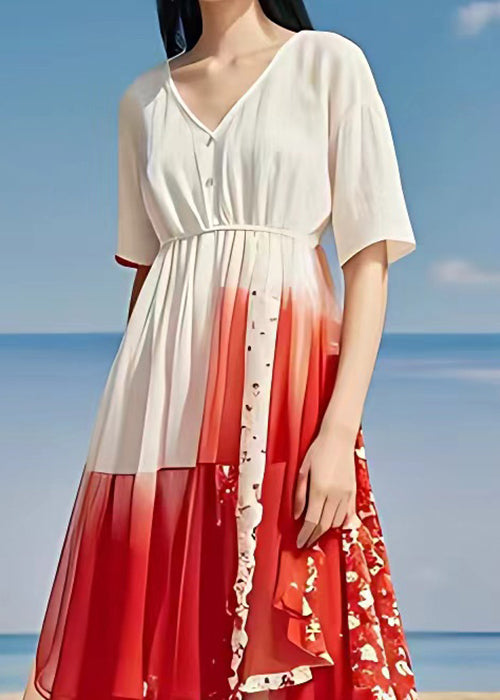 Italian White V Neck Print Patchwork Chiffon Maxi Dress Summer