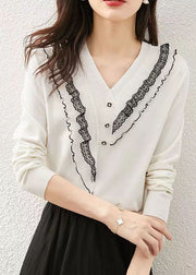 Italian White V Neck Ruffled Patchwork Knit Tops Spring