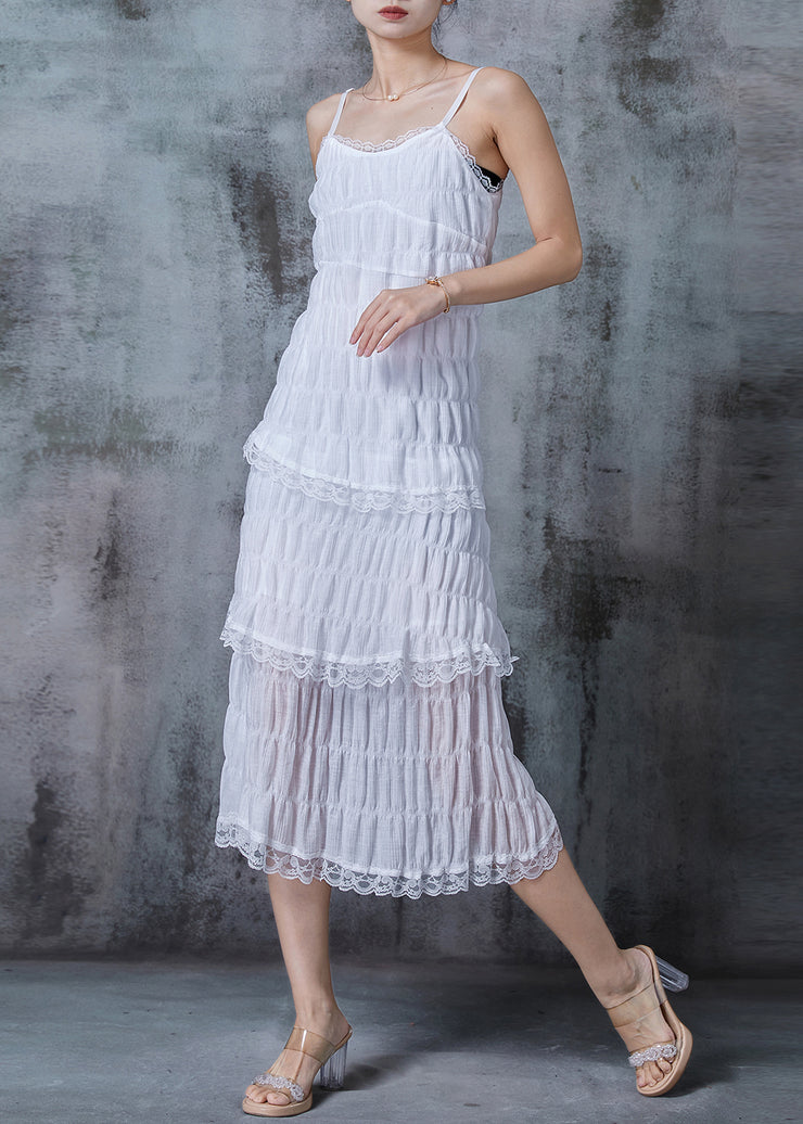 Italian White Wrinkled Patchwork Lace Cotton Cami Dress Summer