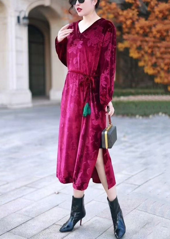 Italian Wine Red V Neck Tie Waist Silk Velvet Long Dresses Winter