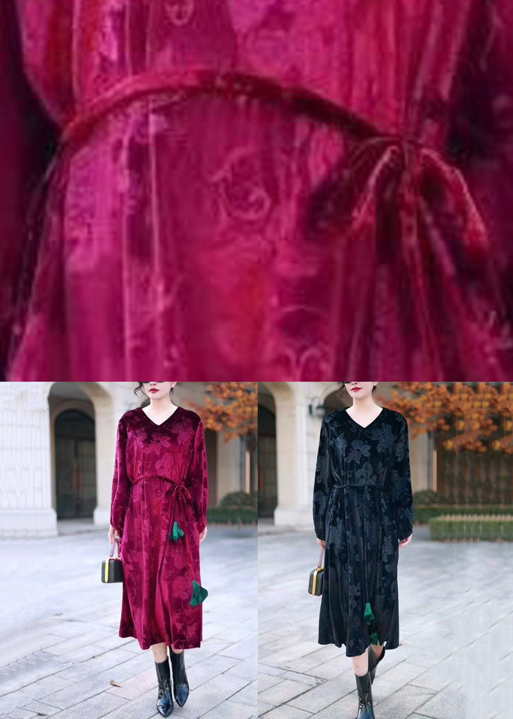 Italian Wine Red V Neck Tie Waist Silk Velvet Long Dresses Winter