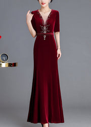 Italian Wine Red V Neck Zircon Silk Velour Long Dresses Fall