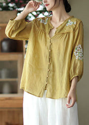 Italian Yellow Embroideried Lace Patchwork Linen Shirt Tops Bracelet Sleeve