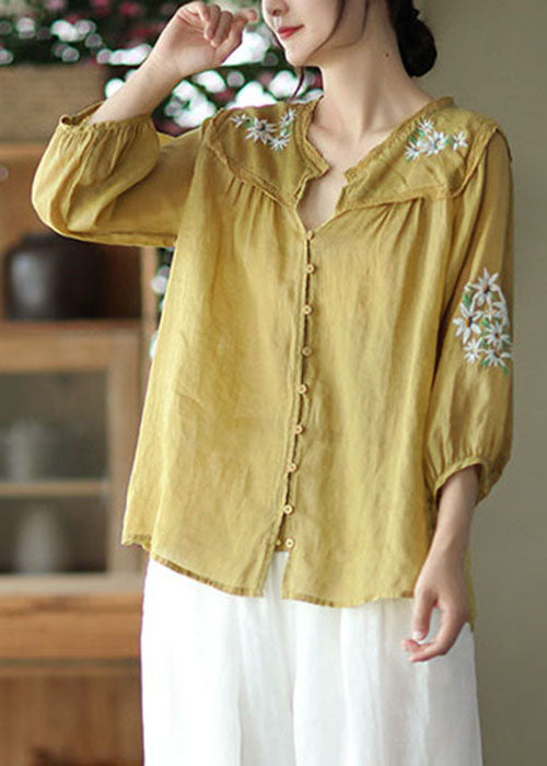 Italian Yellow Embroideried Lace Patchwork Linen Shirt Tops Bracelet Sleeve