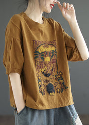 Italian Yellow O Neck Print Patchwork Cotton T Shirt Tops Summer