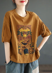 Italian Yellow O Neck Print Patchwork Cotton T Shirt Tops Summer