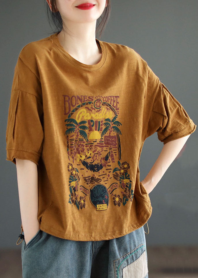 Italian Yellow O Neck Print Patchwork Cotton T Shirt Tops Summer