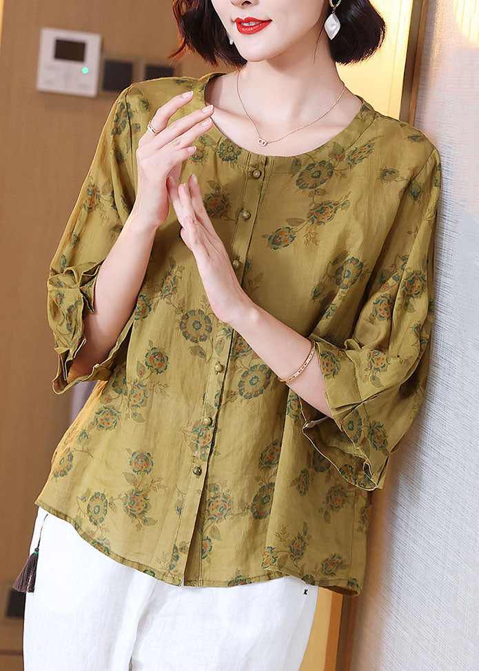 Italian Yellow O Neck Print Wrinkled Patchwork Linen Shirt Tops Summer