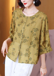 Italian Yellow O Neck Print Wrinkled Patchwork Linen Shirt Tops Summer