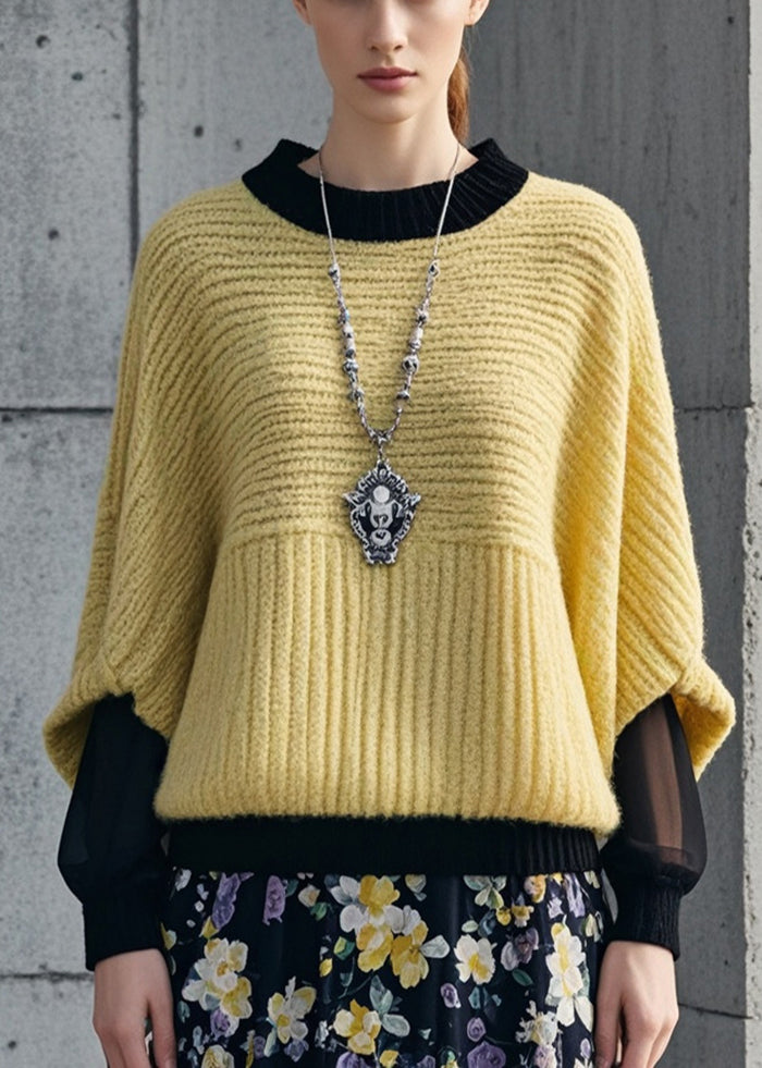 Italian Yellow Patchwork Tulle Fake Two Piece Sweater Tops Fall