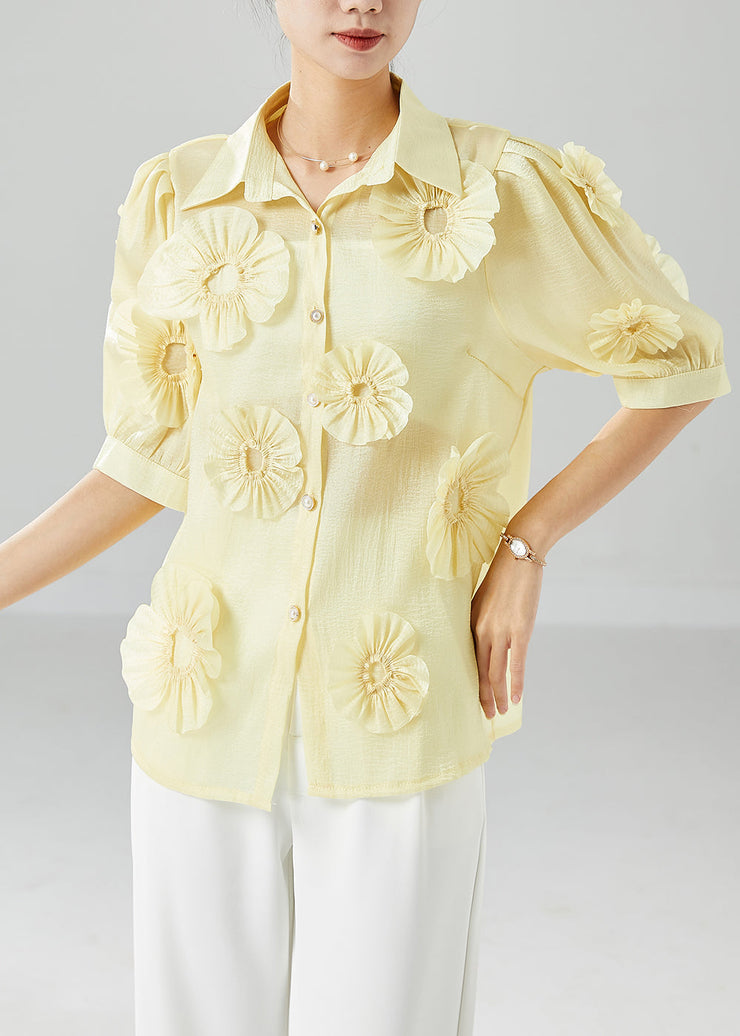 Italian Yellow Peter Pan Collar Floral Cotton Shirt Top Summer