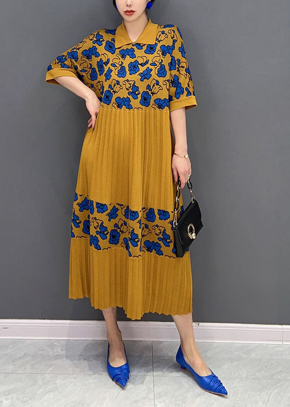 Italian Yellow Peter Pan Collar Patchwork Print Knit Long Dresses Summer