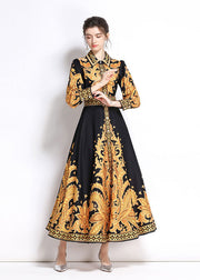 Italian Yellow Peter Pan Collar Print Patchwork Chiffon Long Dress Fall