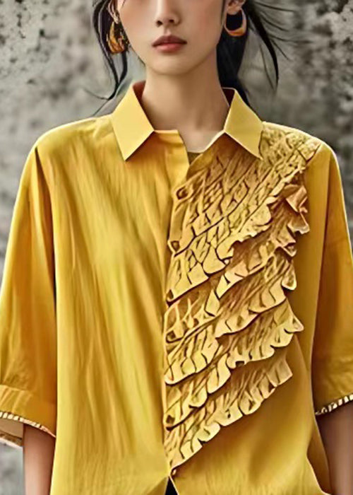 Italian Yellow Peter Pan Collar Ruffled Linen Shirt Half Sleeve