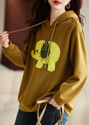 Italian Yellow Print Drawstring Hoodie Sweatshirt Long Sleeve