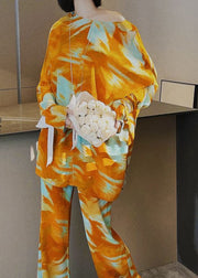 Italian Yellow Print Silk Two Piece Set Women Clothing Long Sleeve