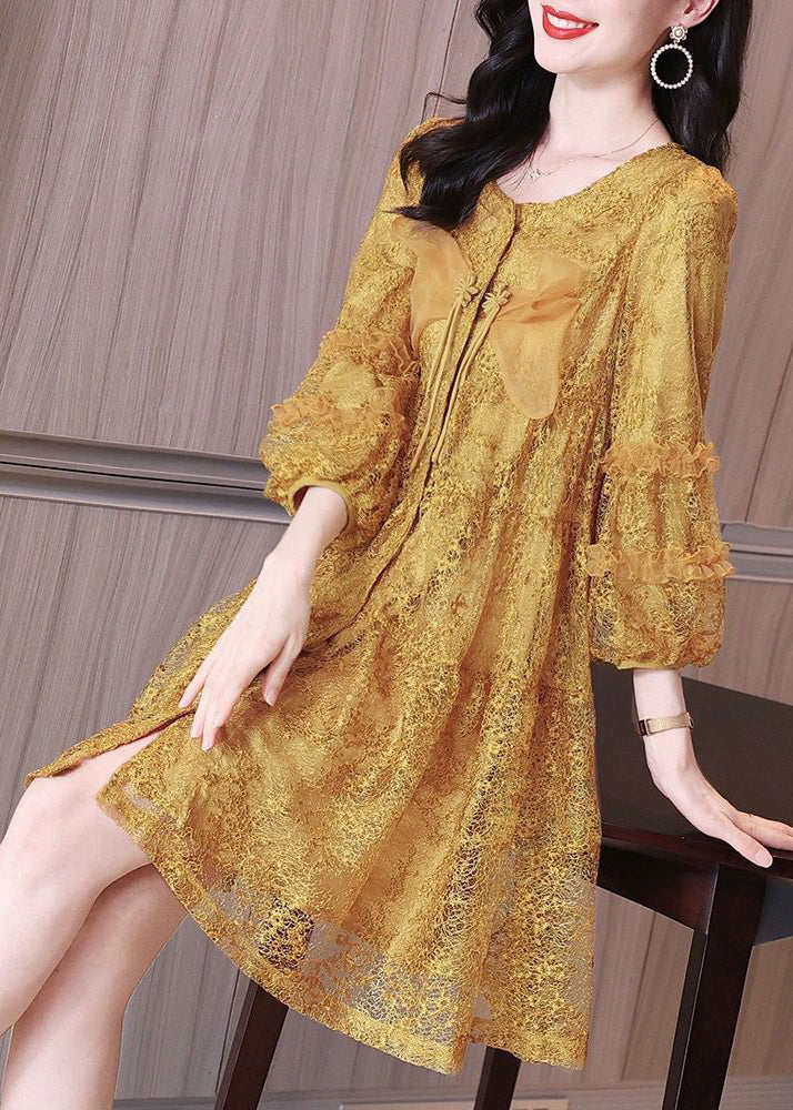 Italian Yellow Ruffled Button Lace Shirt Mid Dress Bracelet Sleeve