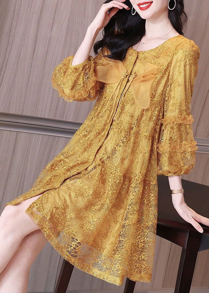 Italian Yellow Ruffled Button Lace Shirt Mid Dress Bracelet Sleeve