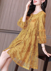 Italian Yellow Ruffled Button Lace Shirt Mid Dress Bracelet Sleeve