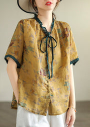 Italian Yellow Ruffled Print Linen Blouse Tops Summer