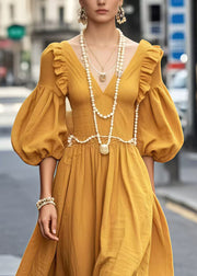 Italian Yellow Ruffled Silm Fit Cotton Party Dress Lantern Sleeve