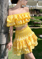 Italian Yellow Slash Neck Hollow Out Cotton 2 Piece Outfit Summer